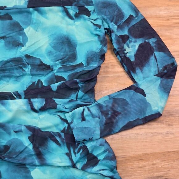 🔸️NWT Emerald Blue Floral Bodycon Mesh Long Sleeve Dress Small - Picture 8 of 16